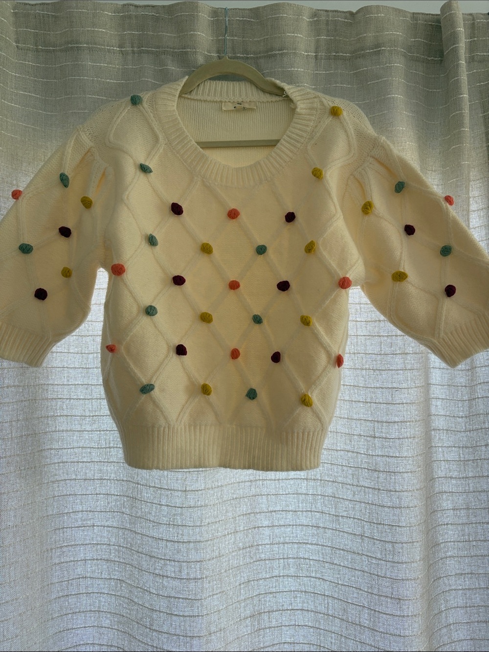 entro Cream Crewneck Sweater with Multicolor Pom Poms